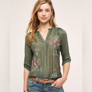 Floral Embroidered Women's Blouse in Olive